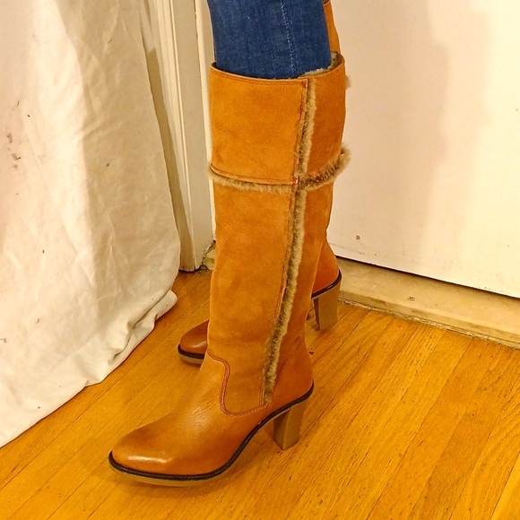 🔥 NWOT Johnson & Murphy Camel Tan Suede & Saddle Leather Fur Boots - Picture 13 of 16